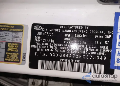 2015 Kia Optima Lx from USA, damaged, VIN 5XXGM4A7XFG375049